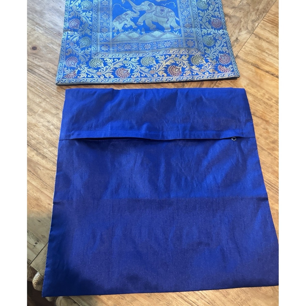 Blue Elephant Brocade Jacquard Pillow Covers 16x16 Boho Indian Decor - Picture 4 of 8